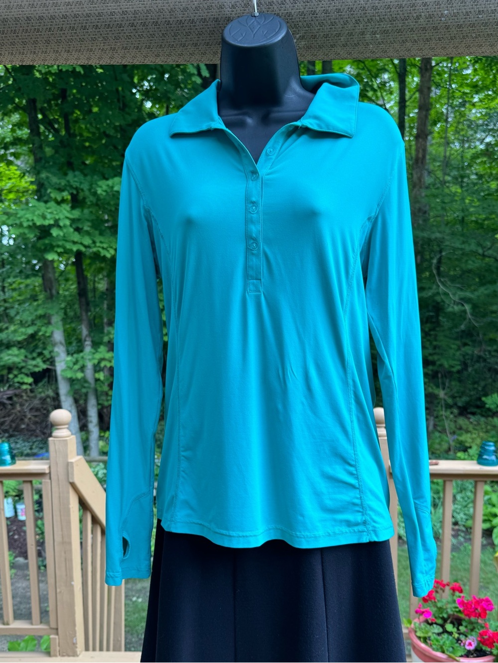 Long-Sleeve Teal Polo Top - Lightweight Button Placket